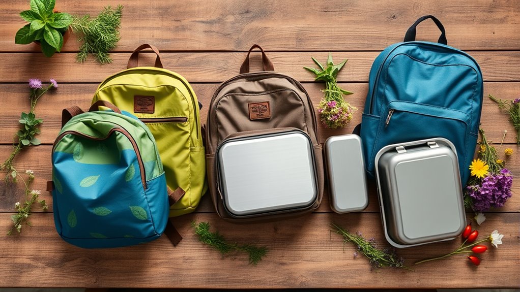 green backpacks and lunchboxes